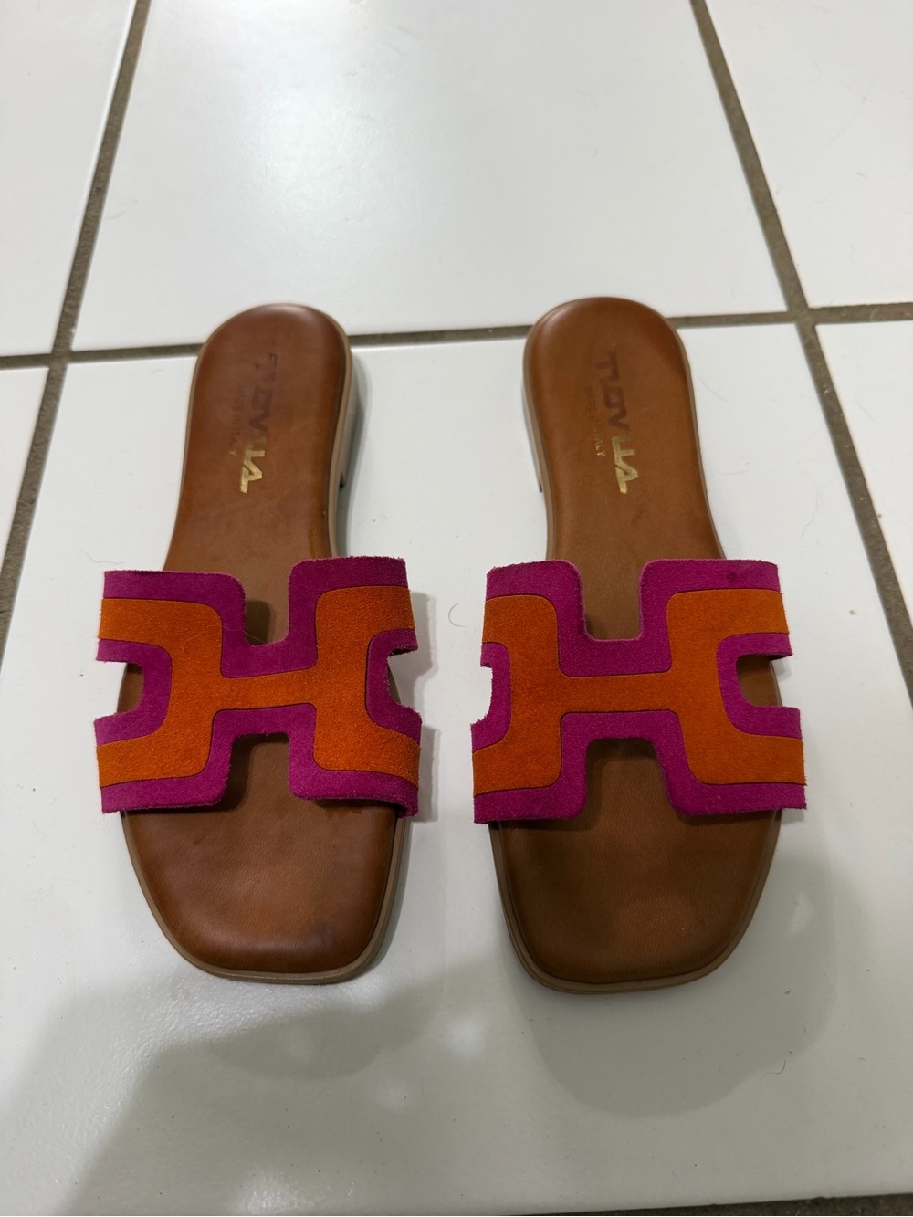Women’s Slide Sandals in Magenta and Orange Suede -